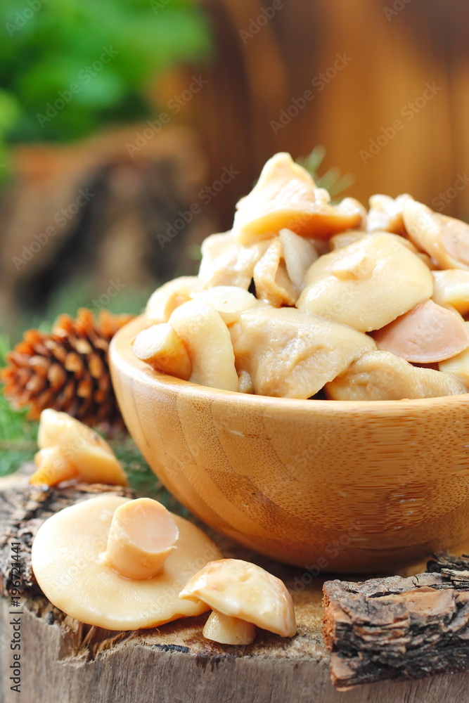 Pickled mushrooms in a wooden bowl Pickled mushrooms in a wooden bowl