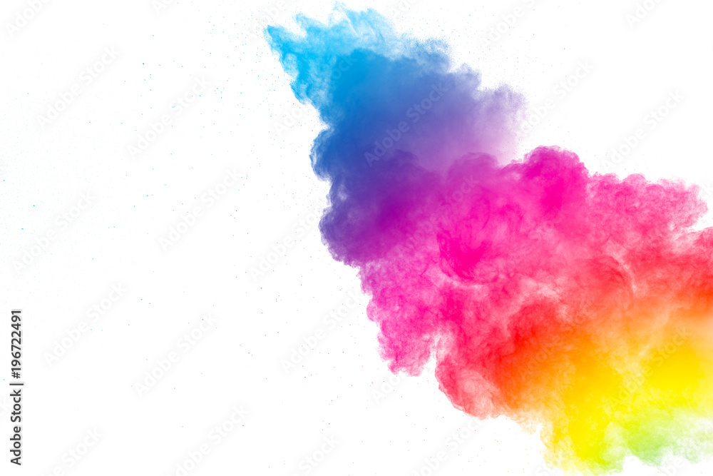 abstract multicolored powder splatter on white background. Freeze motion of color powder explosion on white background.
