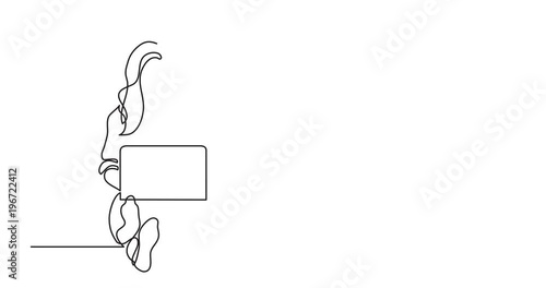 Animation of one line drawing of a woman sitting with laptop computer