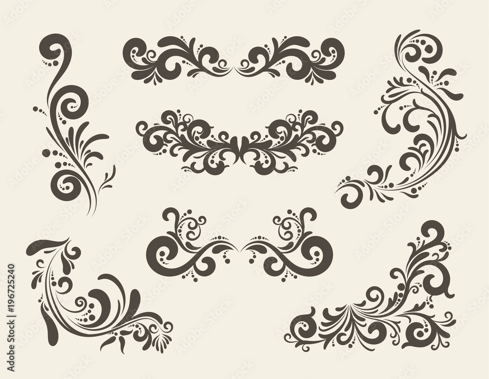 Swirly line curl pattern vector flourish vintage embellishments for  greeting cards. Collection of frame decoration illustration Stock Vector