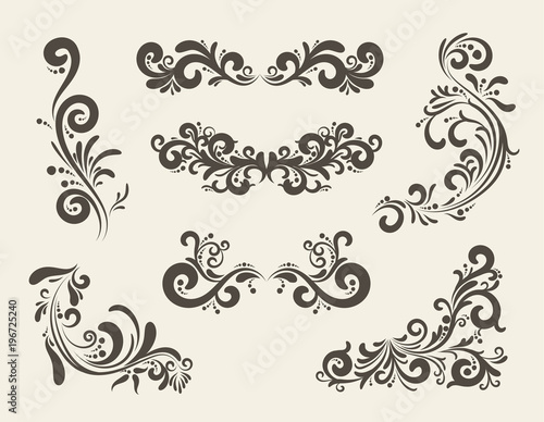 Swirly line curl pattern vector flourish vintage embellishments for greeting cards. Collection of frame decoration illustration
