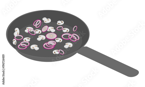 chopped onion rings in cut and mushroom on frying pan