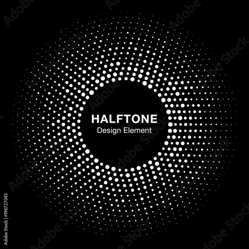 Halftone circle vector frame with white abstract random dots, logo emblem design element for technology, medical, treatment, cosmetic. Round border Icon using halftone circle dots raster texture.
