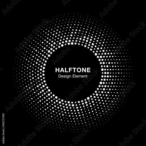 Halftone circle vector frame with white abstract random dots, logo emblem design element for technology, medical, treatment, cosmetic. Round border Icon using halftone circle dots raster texture.