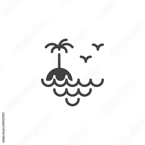 Vacation, Island landscape vector icon. filled flat sign for mobile concept and web design. Palm tree, sea waves and flying birds in the sky simple solid icon. Symbol, logo illustration. Pixel perfec