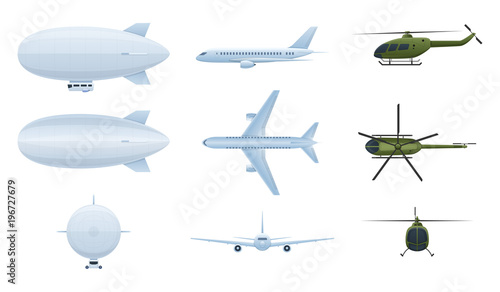 Air vehicles. Air balloon aerostat, helicopters, airplanes in different angles. photo