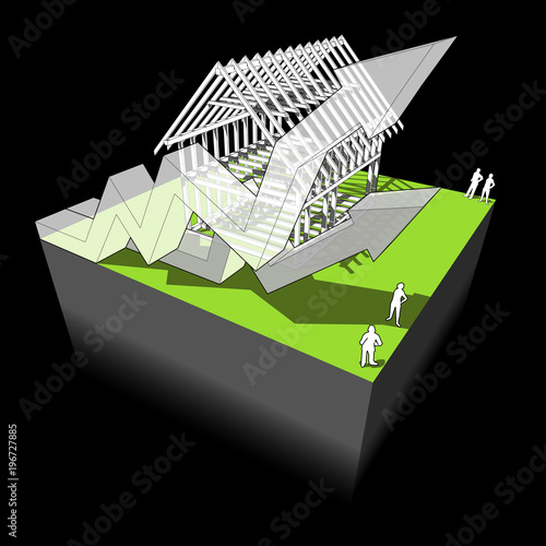 Construction of simple detached house with wooden framework construction with two rising business diagram arrows