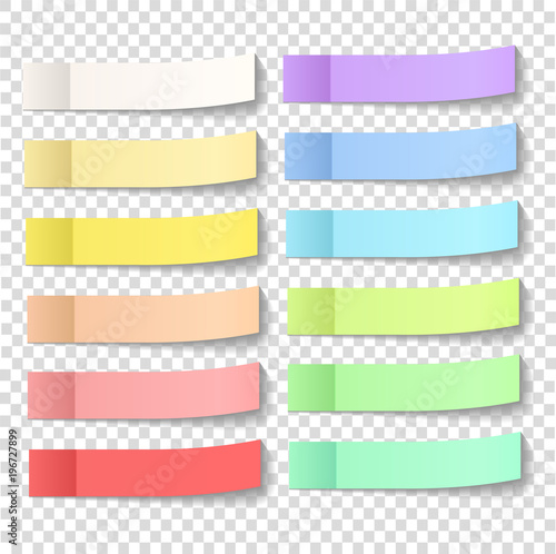 Post note sticky stickers with peel off corner isolated on a transparent background. Paper adhesive tape with shadow. Vector office color post stickers for your design