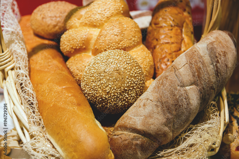 freshly baked bread and bakery products on the counter. background
