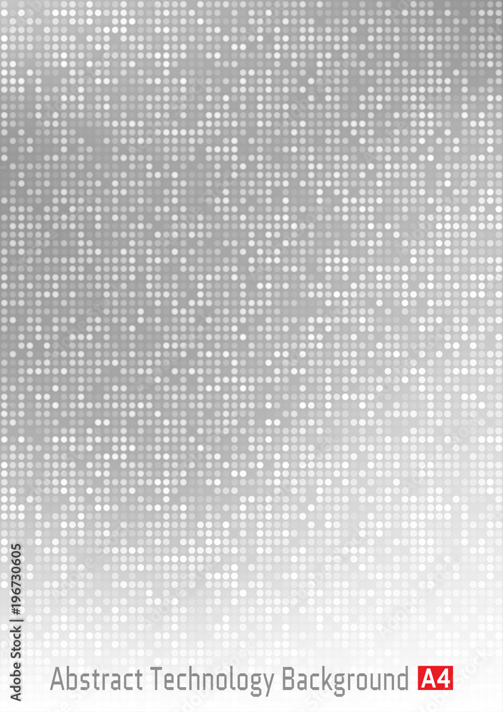 Abstract gray vector technology circle pixel digital gradient background, business grey pattern backdrop with round pixels in A4 paper size. Vector illustration. 