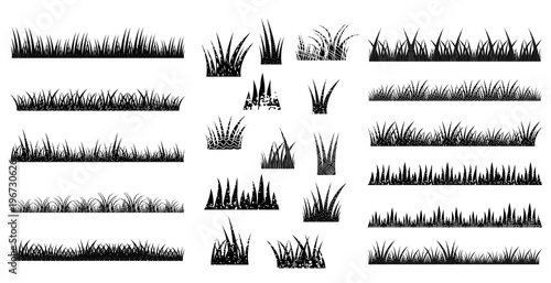 Long and short vector tufts of grass in black color with texture in flat style