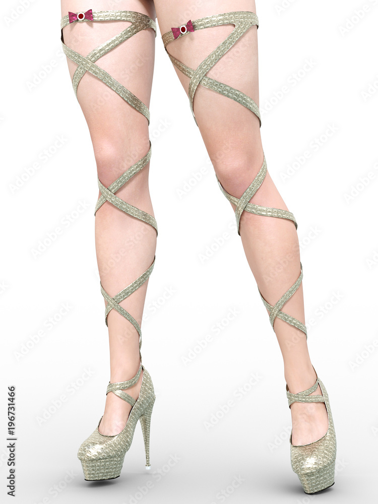 Beautiful female legs sandals high heels. Sexy slim female legs boots. Summer collection. Seductive pose. Conceptual fashion art. 3D render illustration. Isolate. Beautiful female legs sandals high heels. Sexy slim female legs boots. Summer collection. Seductive pose. Conceptual fashion art. 3D render illustration. Isolate.