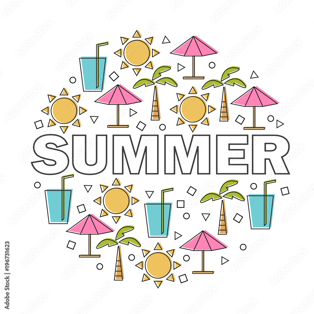 Vector summer lettering with linear icons and signs travel and vacation concept