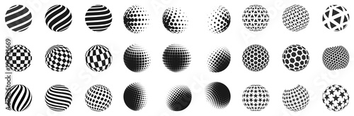 Set of minimalistic shapes. Halftone black color spheres isolated on white background. Stylish emblems. Vector spheres with dots, stripes, triangles, hexagons for web designs. Simple signs collection.