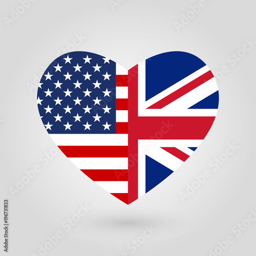 US and UK flags icon in the heart shape. American and British friendship symbol. Vector illustration.