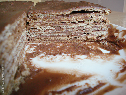 Homemade chocolate cake in a cut.