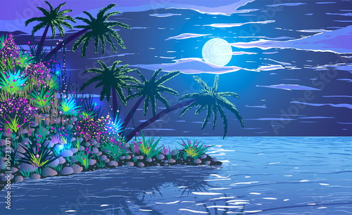 Tropical ocean coast with plants, palm trees, glowworms, and flowers among full moon at night.