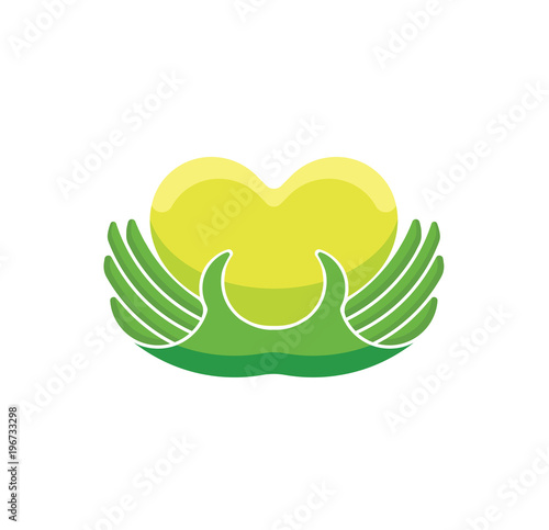 Charity concept logo.Donator holding heart in their hands.Vector illustration flat design.Isolated on white background. Volunteer green icon.Human helping. Healthcare.Team work