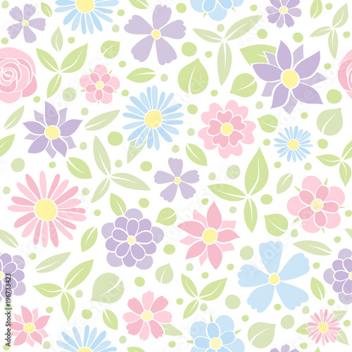 Pastel coloured texture with cute flowers - seamless background. Vector.