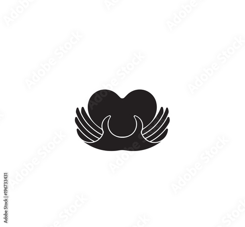 Charity concept logo.Donator holding heart in their hands.Vector illustration flat design.Isolated on white background. Volunteer black icon.Human helping. Healthcare.Team work