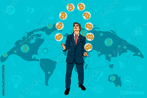 The businessman juggles bitcoin