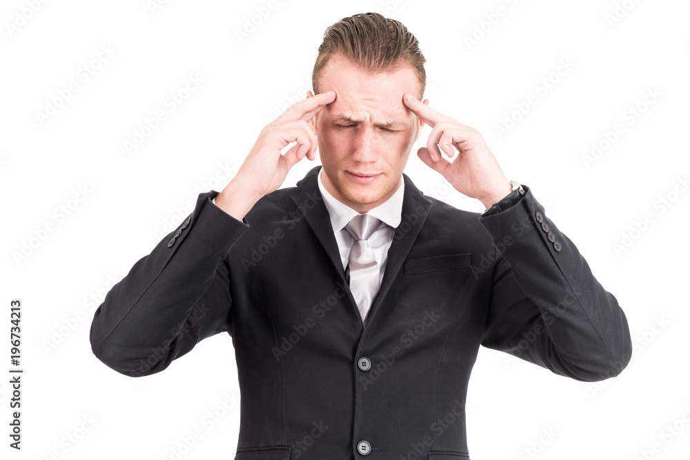 Businessman having problems and feeling headache while doing work,feeling tired exhausted isolated on white background Businessman having problems and feeling headache while doing work,feeling tired exhausted isolated on white background