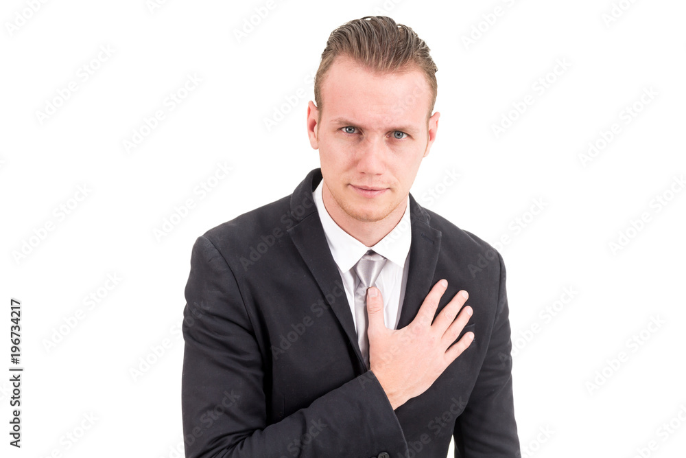Businessman having heart attack or chest pain isolated on white background Businessman having heart attack or chest pain isolated on white background