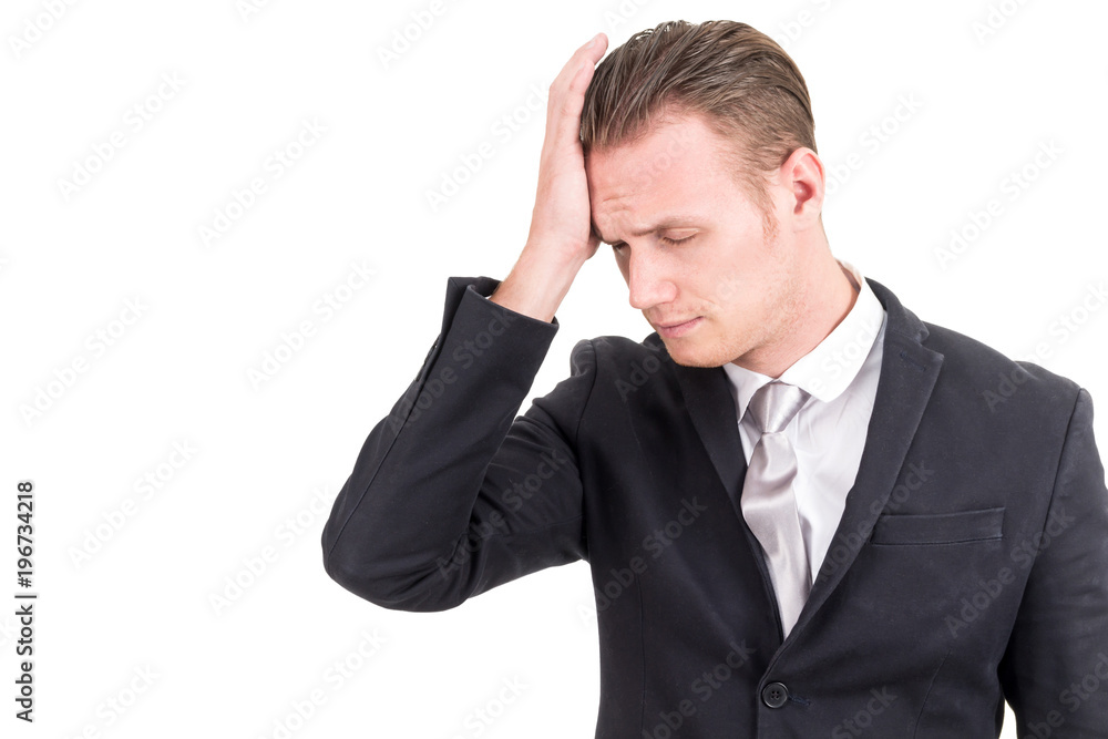 Businessman having problems and feeling headache while doing work,feeling tired exhausted isolated on white background Businessman having problems and feeling headache while doing work,feeling tired exhausted isolated on white background