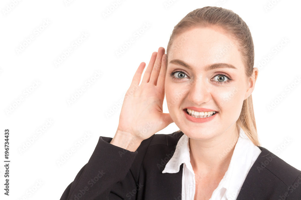 Business woman overhearing rumors isolated on white background Business woman overhearing rumors isolated on white background