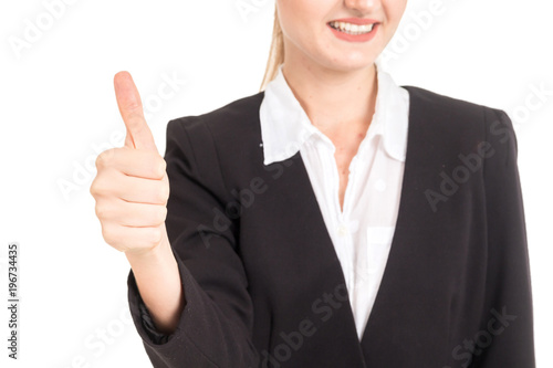 Business woman show thumb up isolated white background