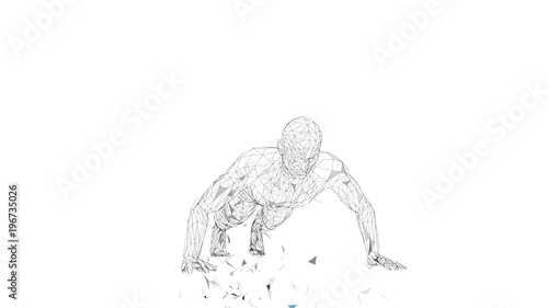 Conceptual abstract man doing push ups in gym. Connected lines, dots, triangles, particles. Sport concept. High technology vector, digital background. 3D render vector illustration
