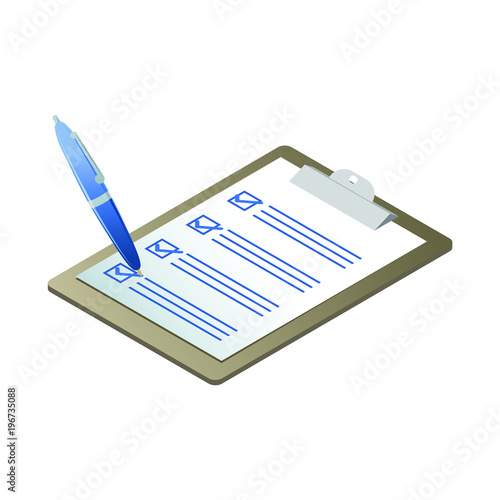 An isometric clipboard with checklist and pen