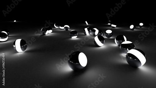 Neon balls on a black background. Abstract chaotic glowing spheres. Futuristic background. Hi-res illustration for your brochure, flyer, banner designs and other projects. 3d render illustration.