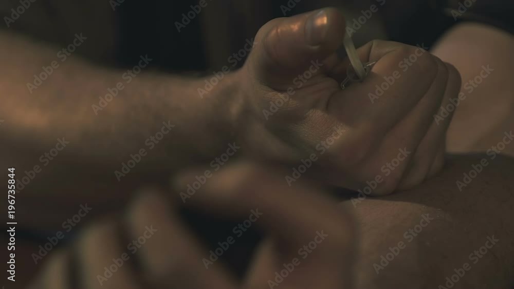 Drug addict male injecting heroin in arm, euphoric effect, forbidden drug using Drug addict male injecting heroin in arm, euphoric effect, forbidden drug using