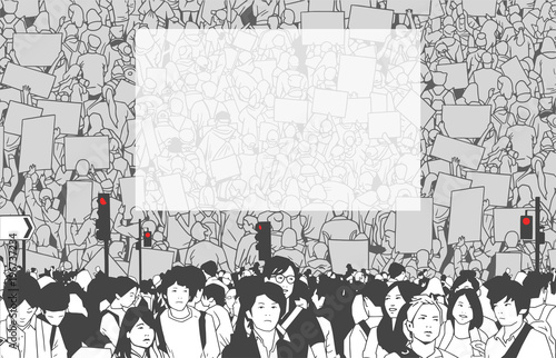 Illustration of detailed crowd protest demonstration with large blank banner