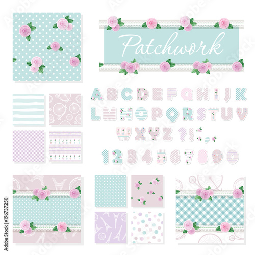 Patchwork girly decorative elements big set. Shabby chic textile font and seamless pattern collection. Different fabric pieces collage, decorated with lace and roses. Vector