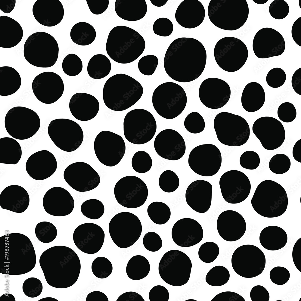 Black round spots scattered on white background. Seamless pattern, vector illustration. Black round spots scattered on white background. Seamless pattern, vector illustration.