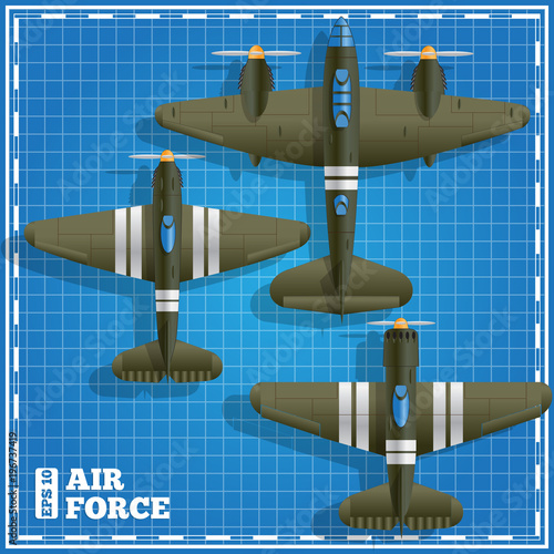 Military aircraft on a blue background. View from above. Vector illustration.