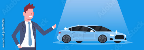 Seller Man Present New Car Dealership Center Showroom Concept Horizontal Banner Flat Vector Illustration