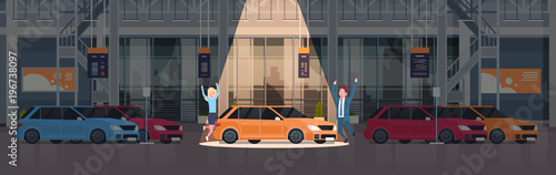 Couple Of Seller Presenting New Car In Dealership Center Showroom Over Set Of New Vechicles Horizontal Banner Flat Vector Illustration
