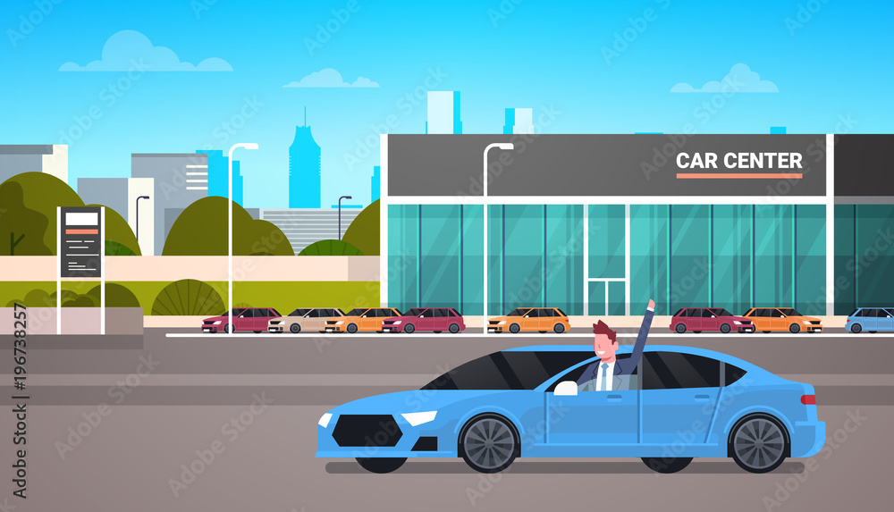 Happy Owner Driving New Car Over Dealership Center Showroom Building Background Flat Vector Illustration