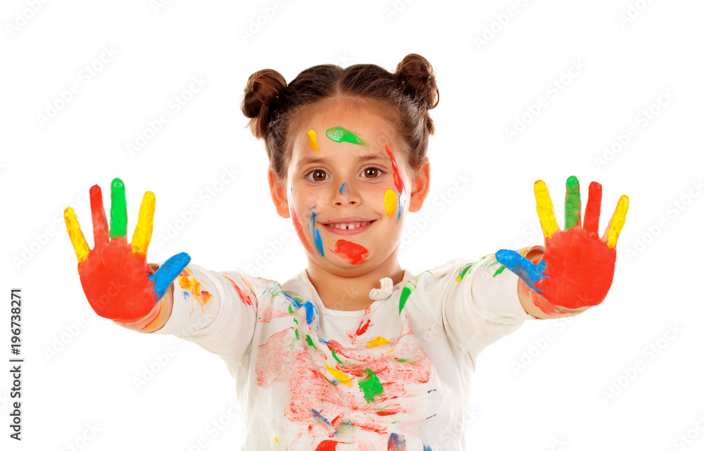 Funny girl with hands and face full of paint Funny girl with hands and face full of paint