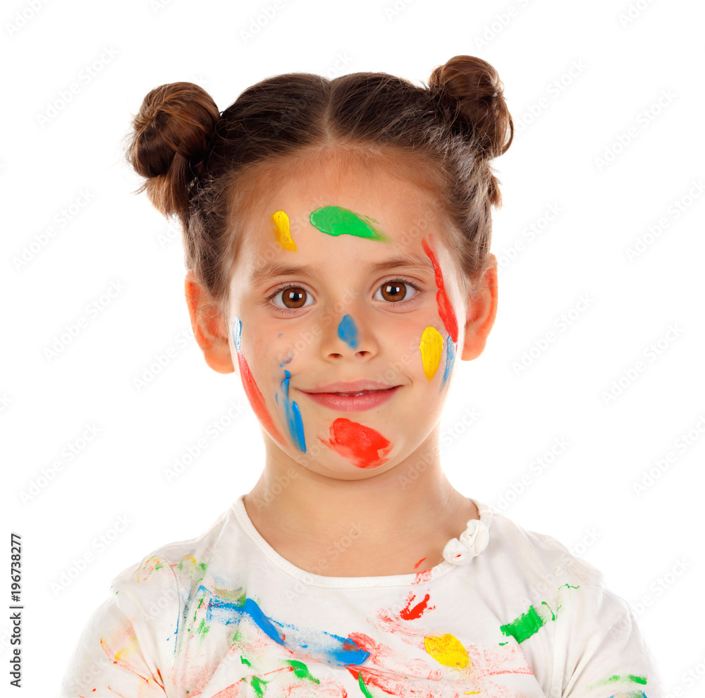 Funny girl with hands and face full of paint Funny girl with hands and face full of paint