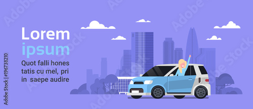Happy Woman Owner Of New Hybrid Vechicle Over Silhouette City Background With Copy Space Vector Illustration