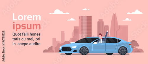 Happy Owner Driving New Car Over Silhouette City Background Vechicle Purchase Concept Flat Vector Illustration