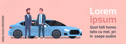 Car Buying Seller Man Giving Keys To Owner Vechicle Purchase Sale Or Rental Center Concept Flat Vector Illustration