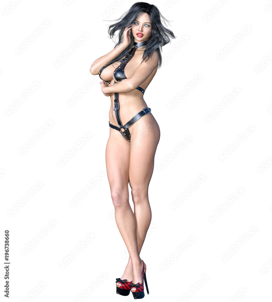 Tall sexy woman in minimalist extravagant sexy leather lingerie. Thongs bra strap and panties. Conceptual fashion art. Seductive candid pose. Realistic 3D render illustration. Studio, high key. Tall sexy woman in minimalist extravagant sexy leather lingerie. Thongs bra strap and panties. Conceptual fashion art. Seductive candid pose. Realistic 3D render illustration. Studio, high key.