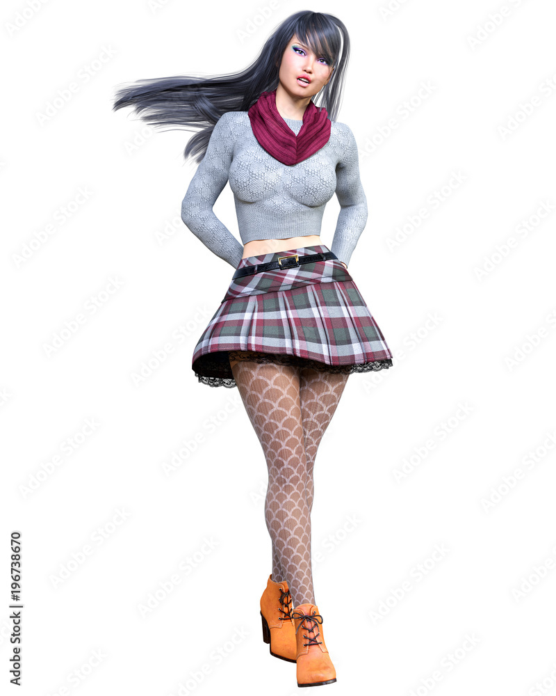 3D beautiful brunette short plaid skirt, leggings and boots.Spring-autumn  collection.Bright makeup.Woman studio photography.High heel.Conceptual  fashion art.Seductive candid pose.Render illustration. Stock Illustration |  Adobe Stock