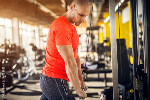 Close up side view of strong motivated and focused muscular bald bodybuilder man with earphones doing triceps exercise on the machine with a bar in the modern sunny gym.