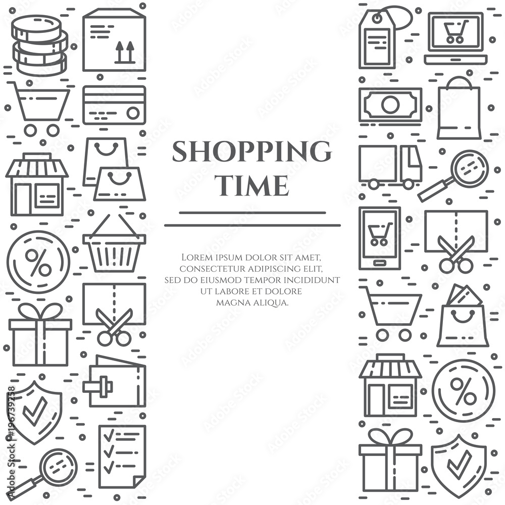 Shopping theme banner with two vertical rectangles consisting of line icons with editable stroke. Shopping theme banner with two vertical rectangles consisting of line icons with editable stroke.